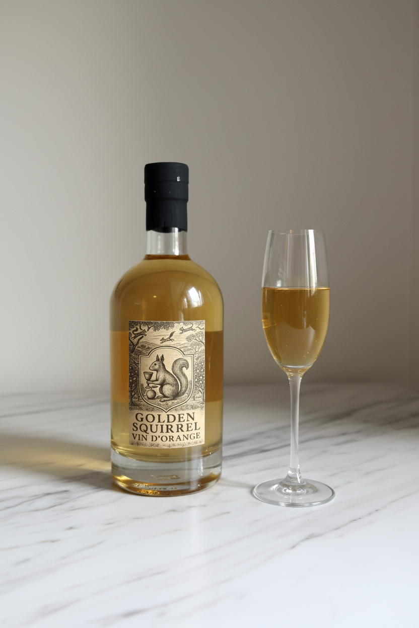 Golden Squirrel Vin d'Orange 750ml bottle on white marble with champagne flute