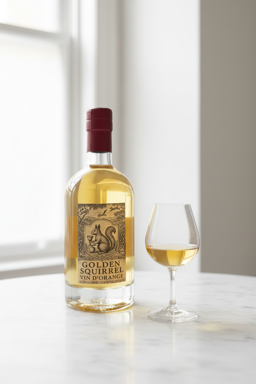 Golden Squirrel Vin d'Orange 500ml bottle with red foil top and sherry glass on white marble, soft lighting